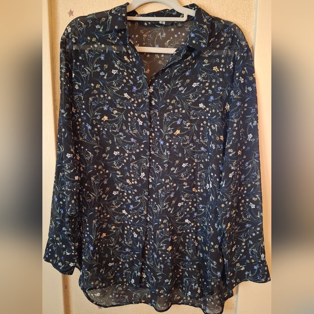 Uniqlo Floral Blouse - Black and Blue, Size L